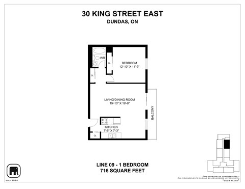 A floor plan for a one bedroom apartment at 30 King Street East in Dundas, Ontario.